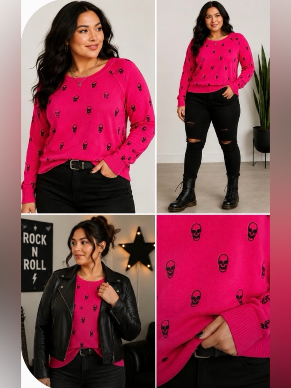 Torrid 1 Plus Size 1X Hot Pink Skull Print Crewneck Sweater Goth Punk Cotton - Picture 2 of 8